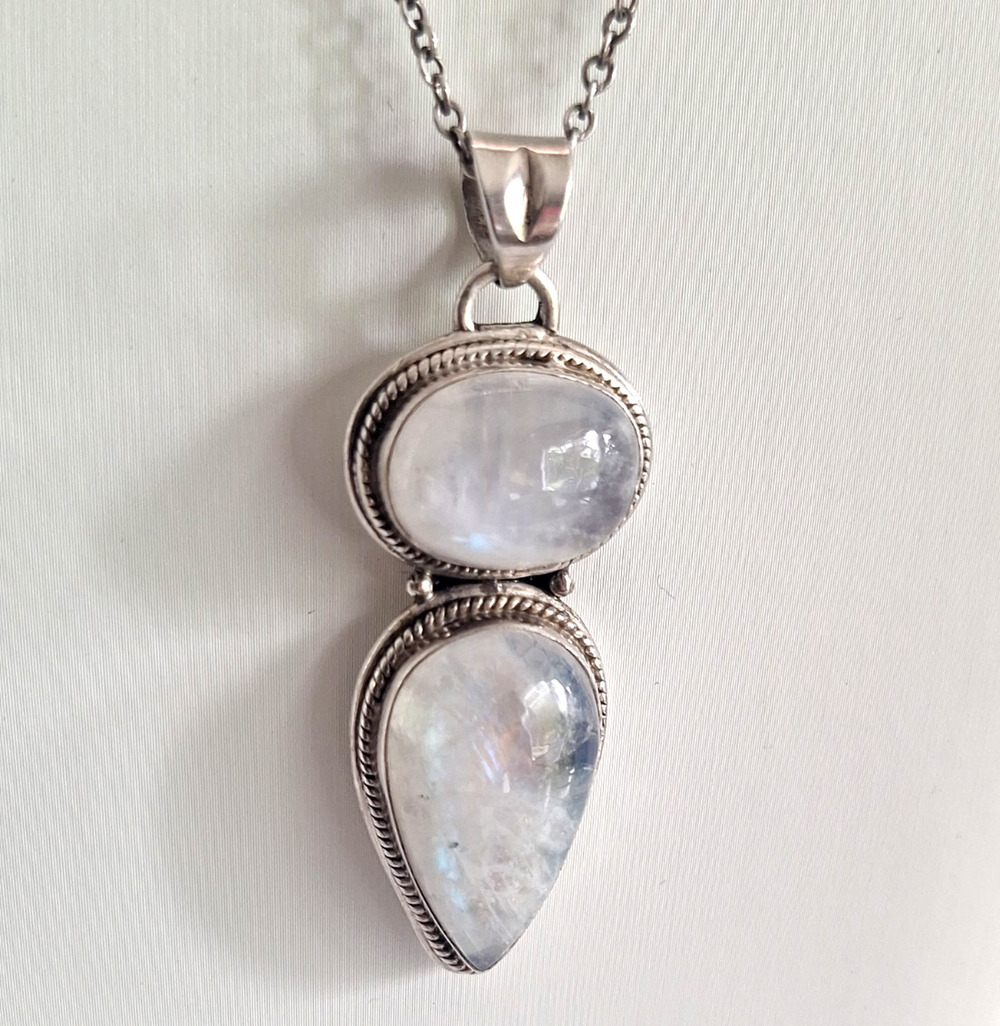 Double Moonstone Sterling Necklace Blue Flash Celestial Whimsygoth Mystical Boho